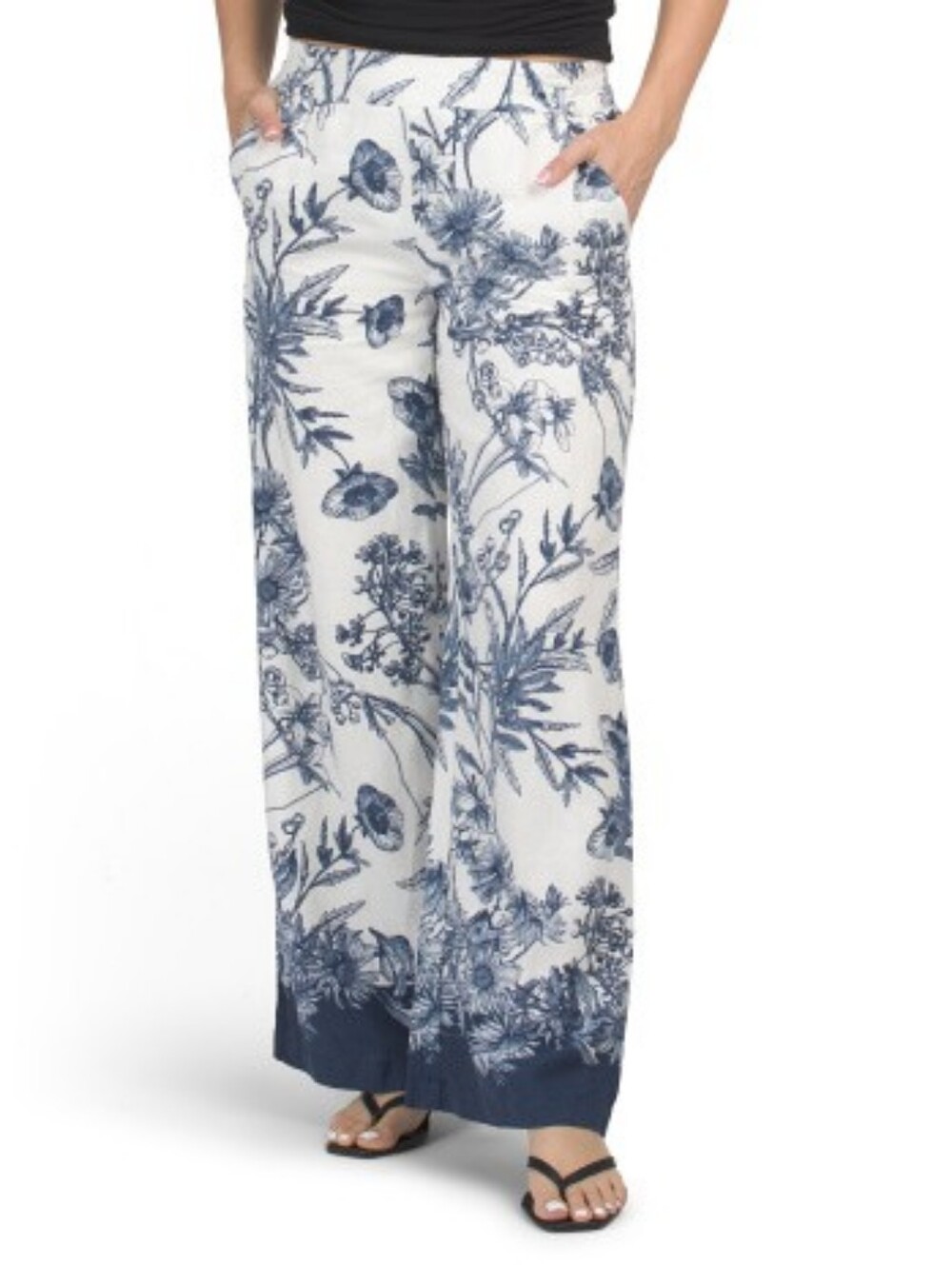 T Tahari | Linen Blend Wide Leg Pull On Pants With Elastic Back